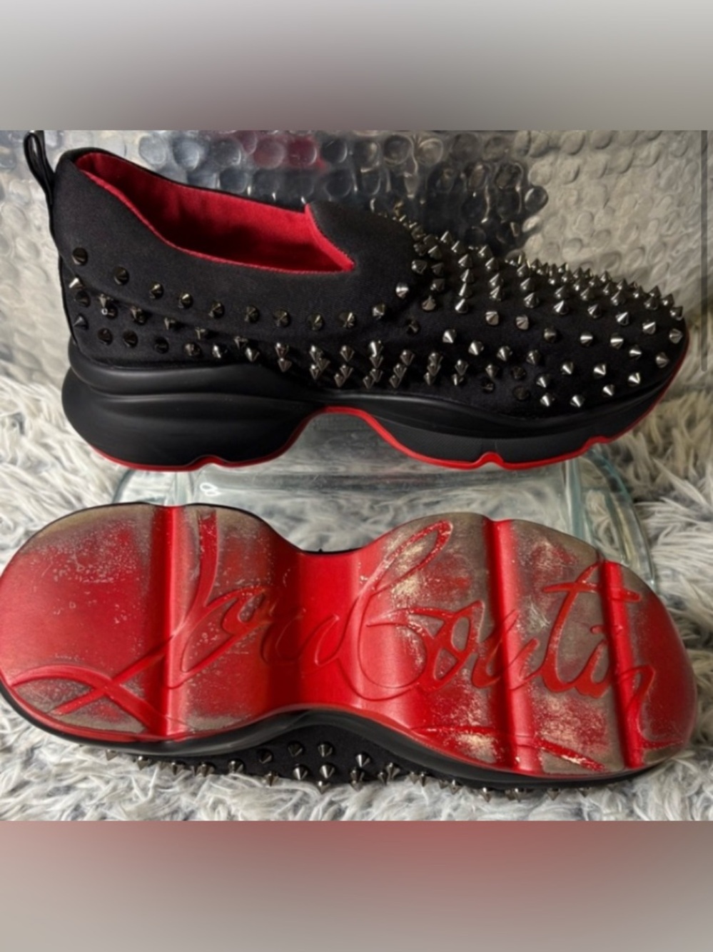 Black and Red Spiked Slip On Sneakers with Spikes Men’s Red Bottom Shoes Size 41